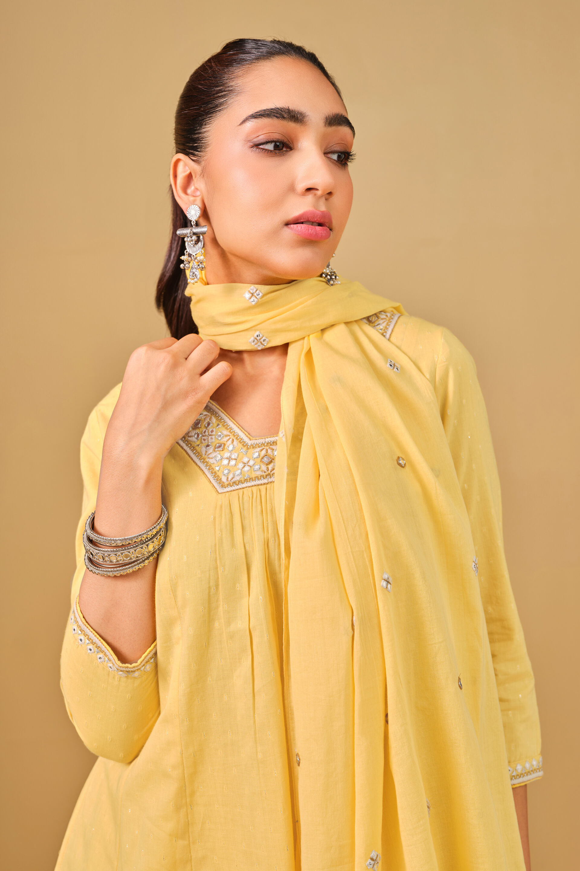 Yellow Mirror Embroidered Cotton Kurta Set, Yellow, image 5